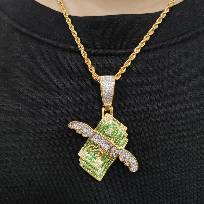 

2022 INSTAGRAM Hip Hop trend rapper ice out brass dollar money bag angel wings pendant and necklace for man jewelry