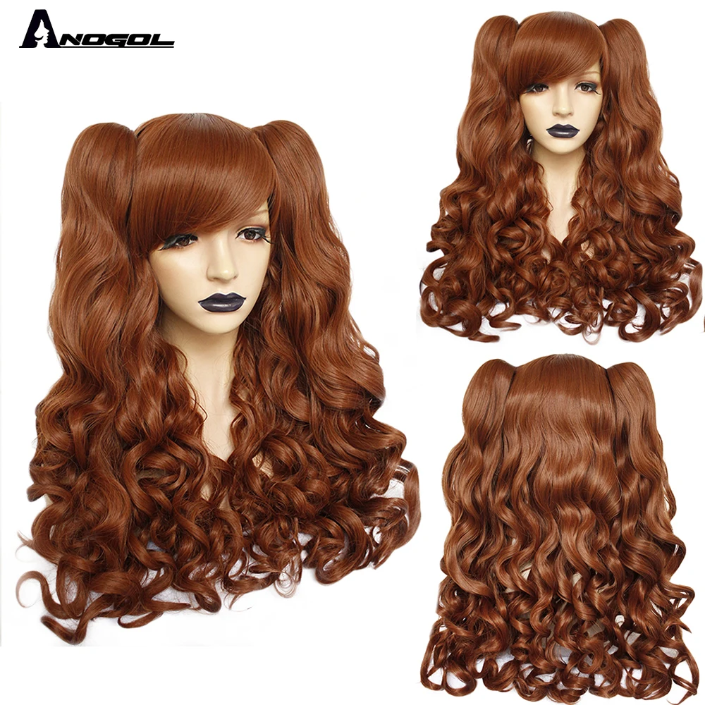 

Anogol Red Brown High Temperature Fiber Lolita Long Body Wave Wig Side fringe Synthetic Cosplay Wig 2 Ponytails