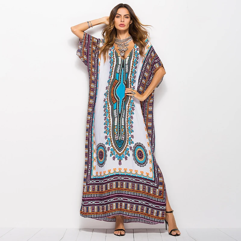 

Hot sale OMJ OEM plus size casual floral print vintage one piece beach dress abaya long robe cardigan kimono