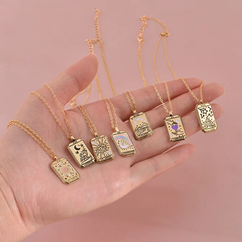 

Women's Jewelry Gift Square Amulet Pendant Tarot Card Charm Nordic Solomon Style Tarot Necklace, Gold