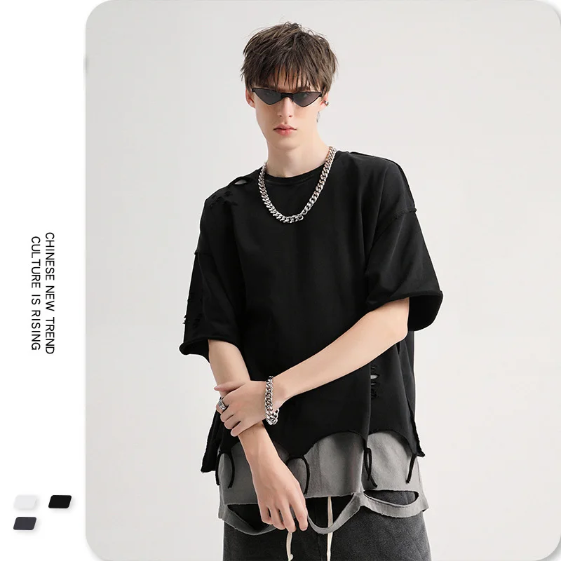 

Men Casual Ripped Street Hip Hop T-shirt Oversized Mens T Shirt Short Sleeve