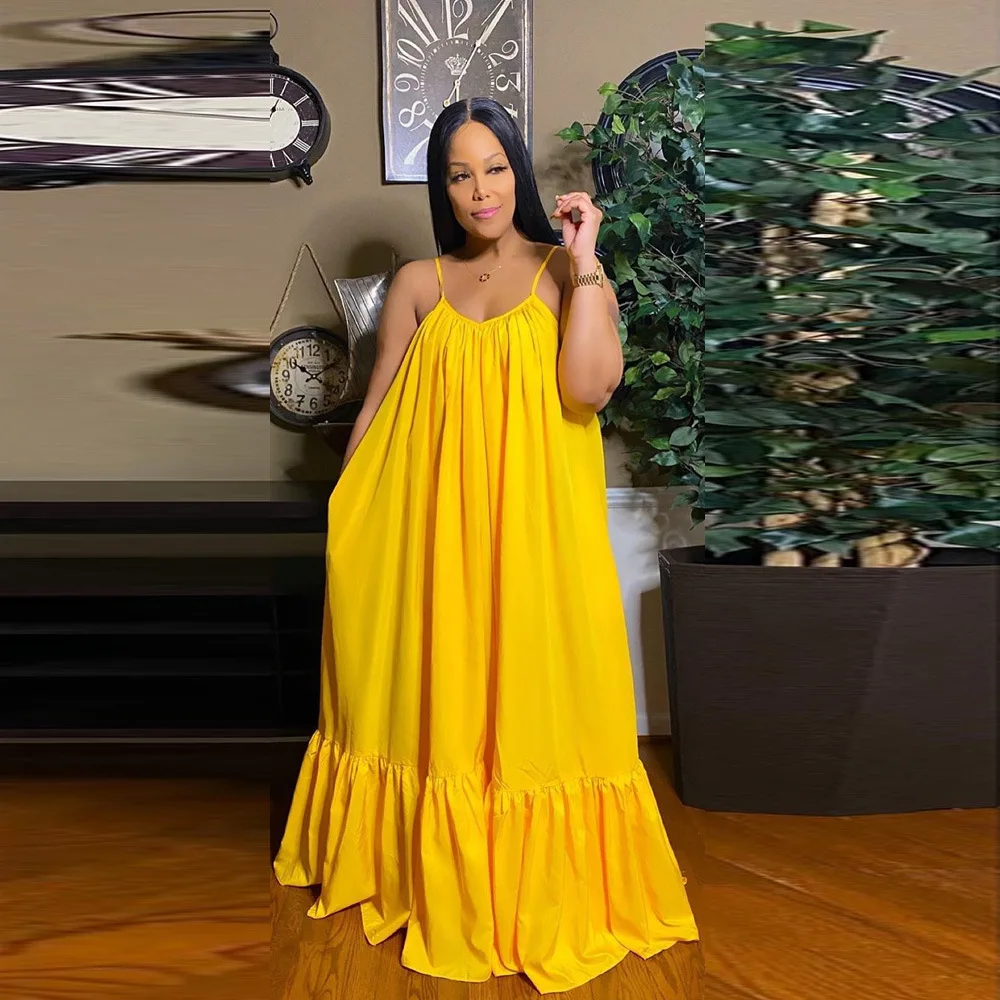 

2021 Summer Dress Women Sexy Short Sleeve Ruffled Maxi Long Dress Casual Loose Solid Pleated Beach Vestido Robe Plus Size, As show