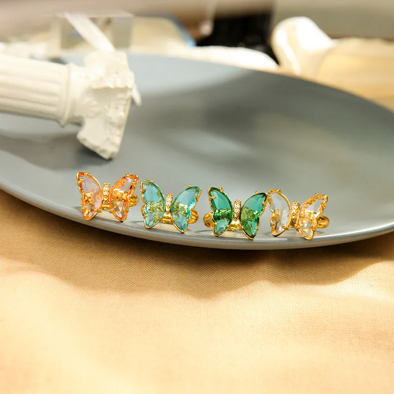 

7002 2021 High Quality Zirconia Beautiful Luxury Engagement Wedding Adjustable Gold Plated Butterfly Rings 18K Jewelry Women