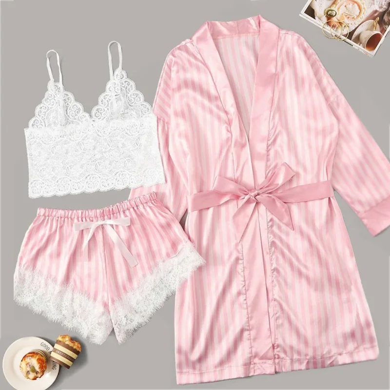 

Wholesale Nightwear Robe Femme Silk Pyjama Lenceria Mujer Pijamas Satin Sleepwear Women 3 Pieces Lace Pajamas Sexy Lingerie Set