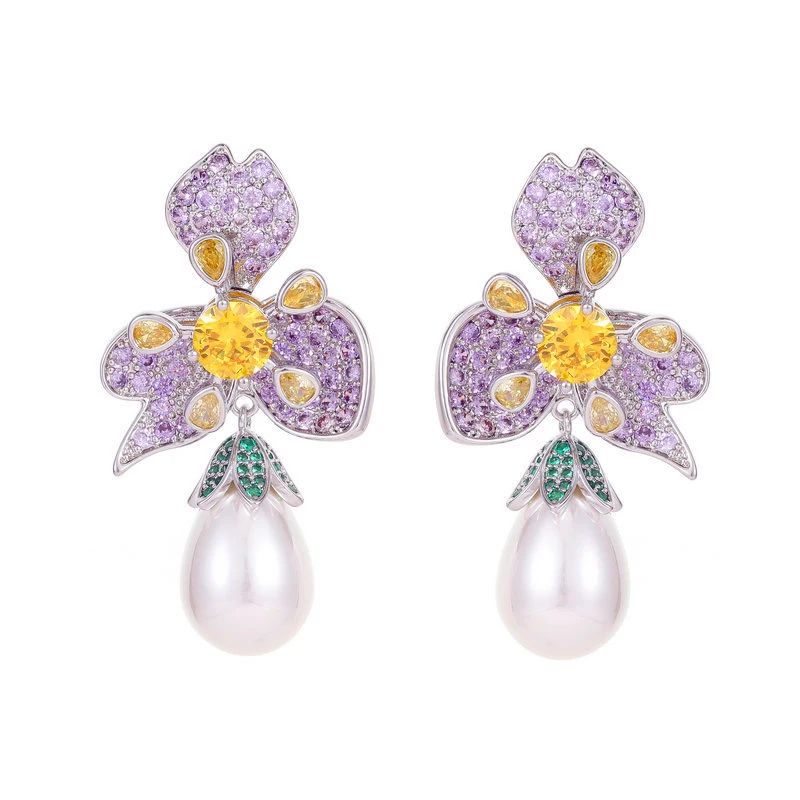 Elegant Earrings Design Cubic Zirconia Women Flower Pearl Dangle Drop Purple Earrings for Lady Jewelry Accessories