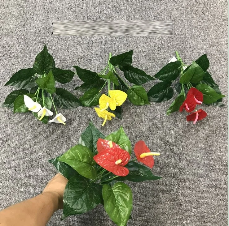 

Indoor decorative 12lvs with 3 real natural touch red yellow flowers plastic latex cheap artificial anthurium plant