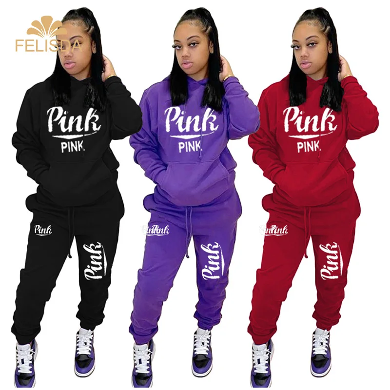 

Embroidery Pink Two Piece Set Tracksuit Women Sweatpants Plus Size Hoodie Pullover Sweatsuit Fall Femme Track Suit