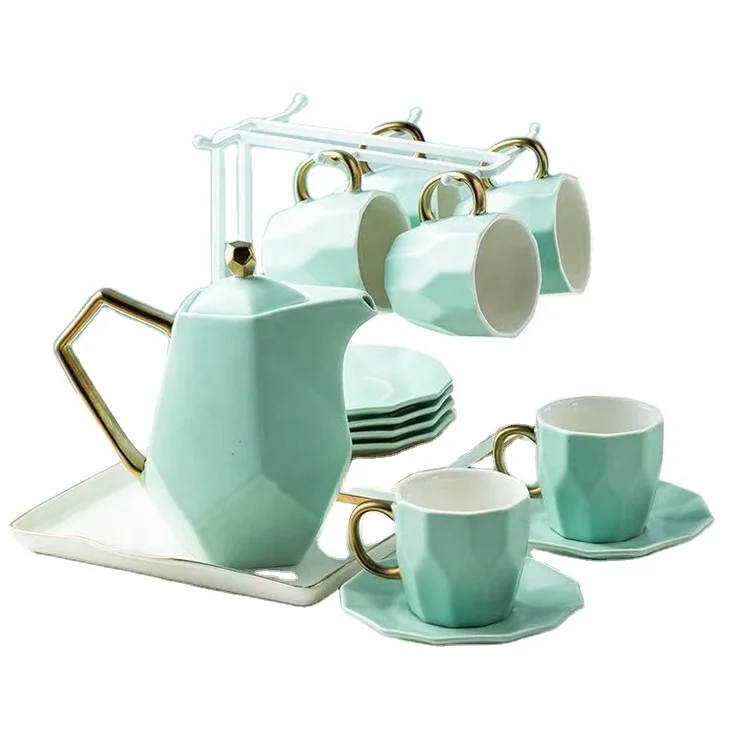 

China Coffee 6 Cups Saucers Tea Pot Pink Marble Ceramic Tea Set