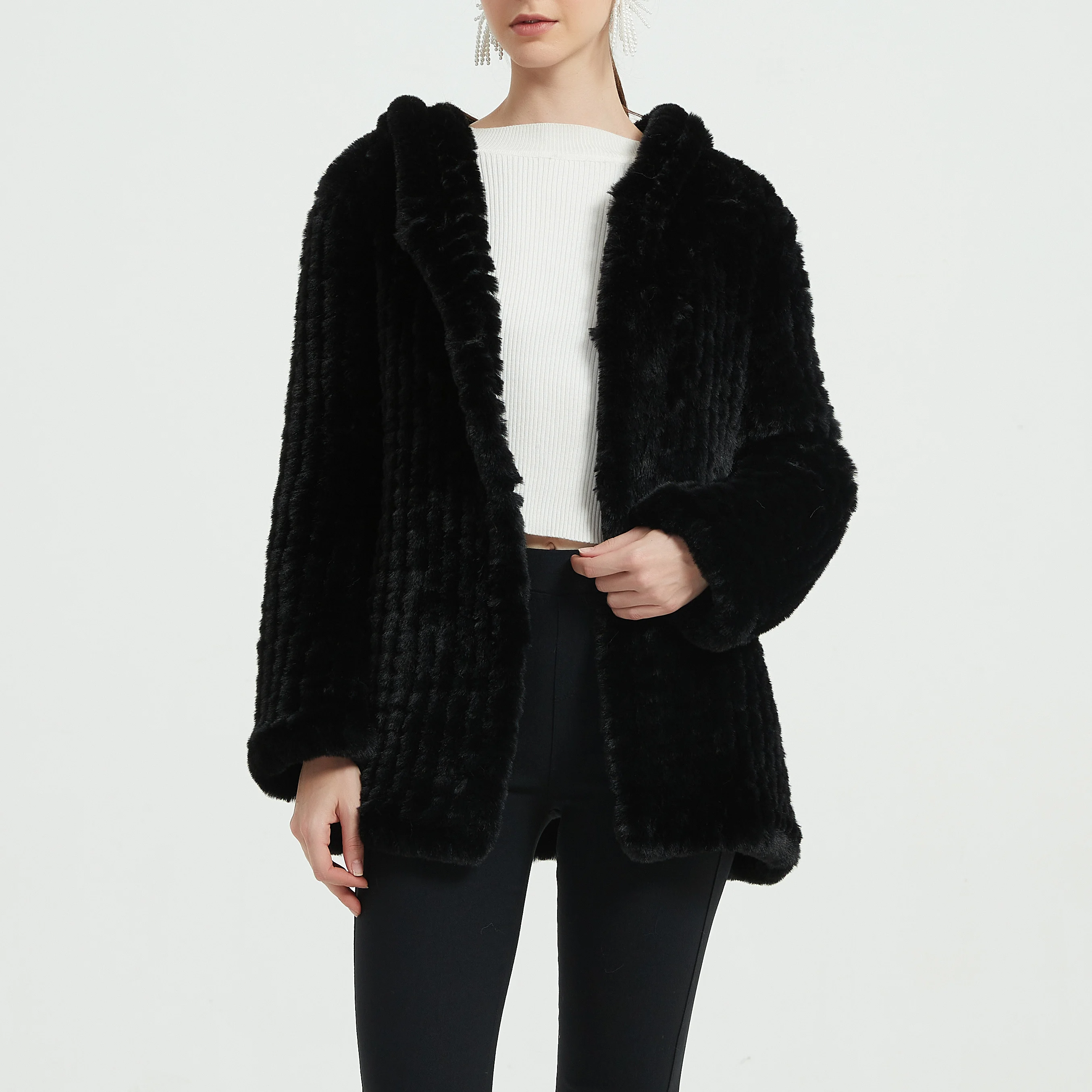 

Casual Fastener Womens Knitted Wool Coats Faux Fur Coat Fur Knitted Rabbit Long Hoodie Ropa Mujer Invierno, Shown