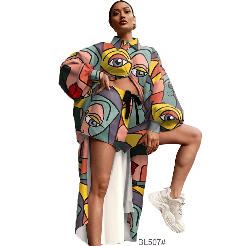 

2021 European and American women's wear new digital printing long shirt shorts set hipster suit