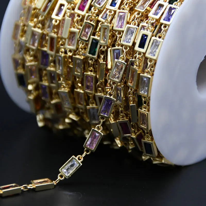 

New Arrival Faceted Rectangle Colorful Zircon DIY Jewelry Making Brass Chains Gold Plating For Female Necklace Making