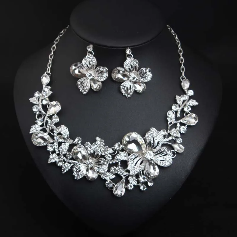 

Fashion Crystal Necklaces with Earrings Jewelry Set Party Wedding Exaggerated Colorful Flower Statement Necklaces for Women