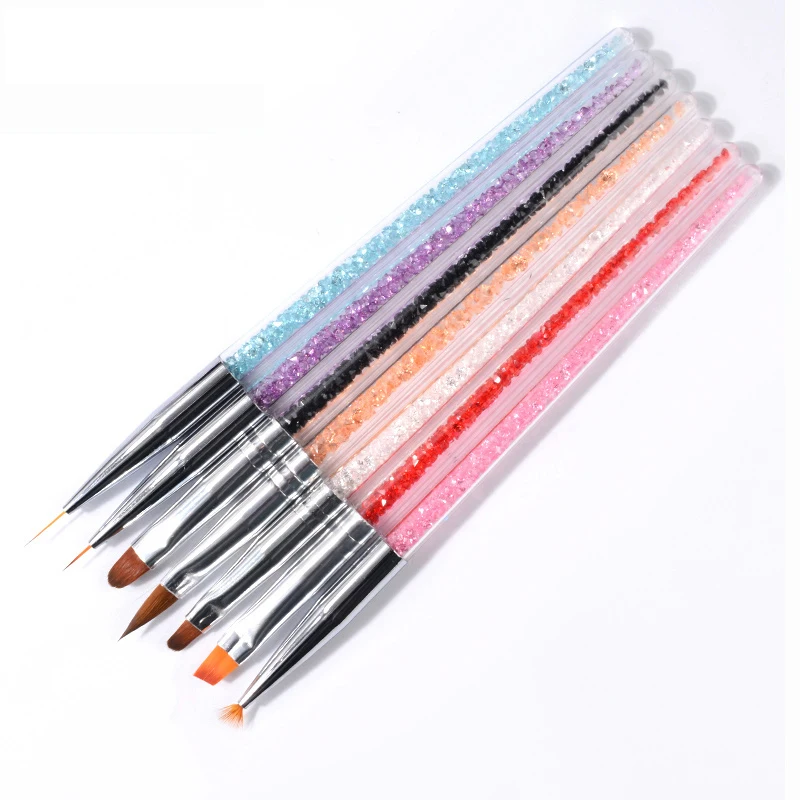 

7pcs/set Colorful Rhinestones Handle Nail Art Brush For Drawing Carving Liner Painting Pens Multifunction Manicure Brushes Kits, Blue/purple/black/white/champagne/pink/red