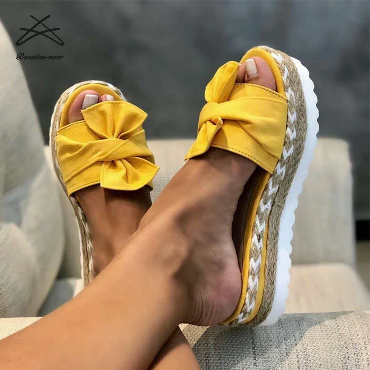 

New style fashion bohemia thick sole women outdoor feather rubber platform bow knot ladies fur slide sandal shoes, As in pictures