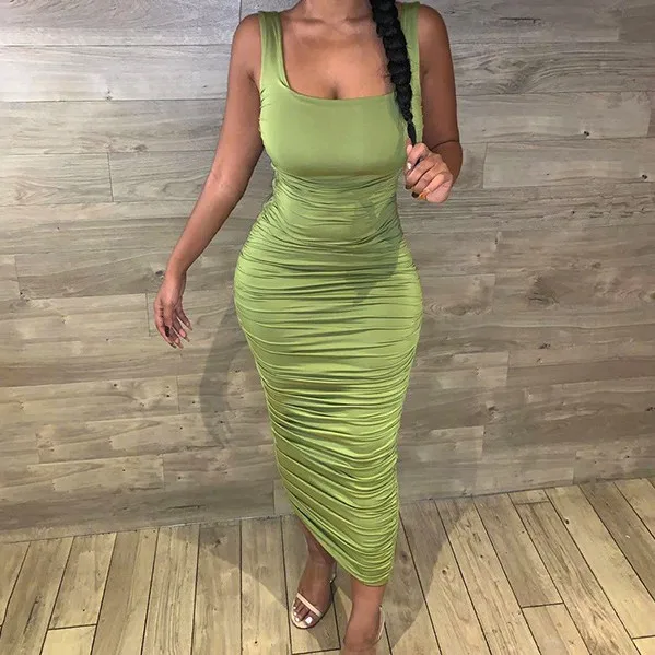 

Solid Color Sleeveless Casual Slim Pleated Dress Hot Style Spring/summer 2021 Trending New Long Dresses Women Maxi Casual Loose