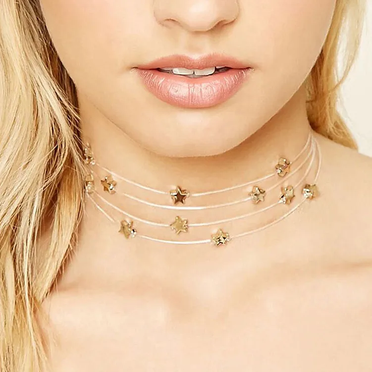 

New Arrival Handmade Copper Star Multilayer Fish Thread Choker Necklace for Girls Jewelry 2021, Gold