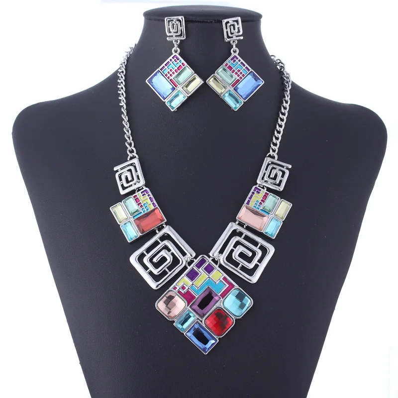 

New Colorful Sqare Enamelled Glass Diamond Party Necklace and Earring Women Jewelry Sets