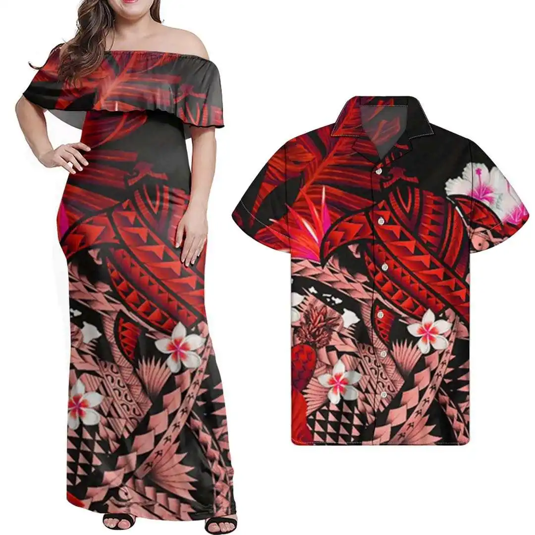 

Red Polynesian Plumeria Flower Tribal Design Casual Women Off Shoulder Dress polynesian clothing in Plus Size Dress & Skirts, Customized color