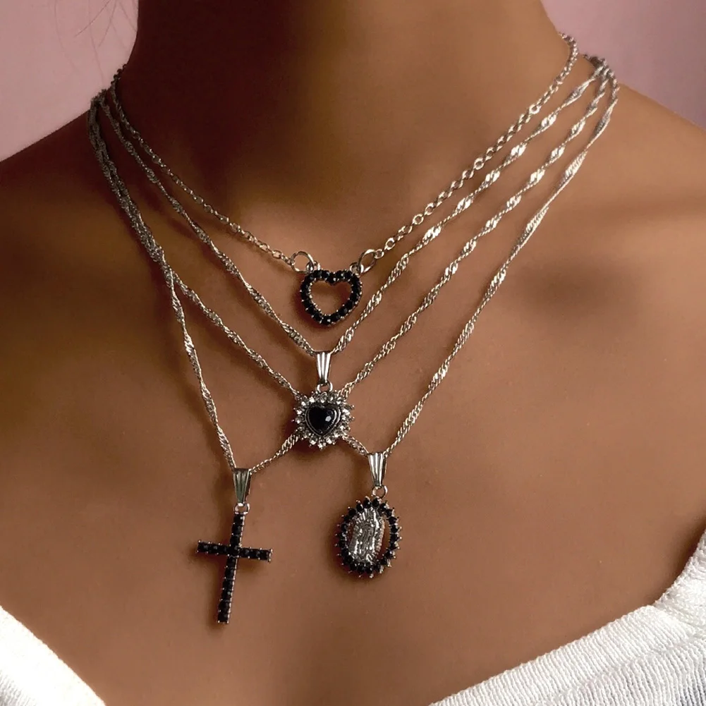 

Vintage Black Crystal Love Heart Pendent Twisted Chain Ankh Cross Necklace For Women Layered Portrait Silver Color Necklace, Silver plated