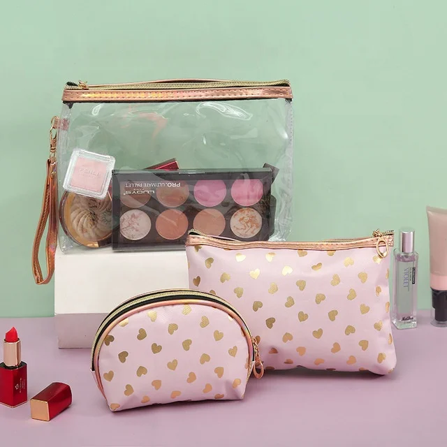 

Top Selling 3pcs Set Cosmetic Bag Waterproof Heart Print PU PVC Make Up Bag Set, As pictures