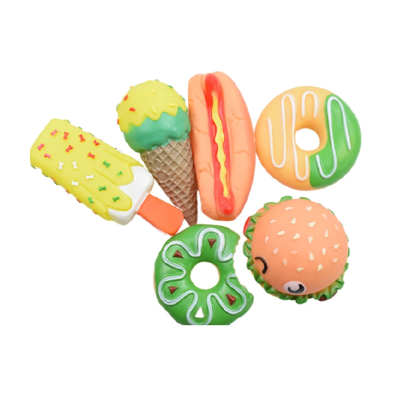 

Eco-friendly Durable Pet Dog Chew Toy Bite Resistant Doughnut Ice Cream Burger Shape Squeaky Toy