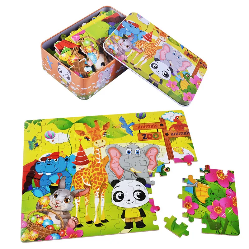 

2023 New jigsaw puzzle packed in iron box toys with cartoon animal and 100 pcs for each puzzle for children CE