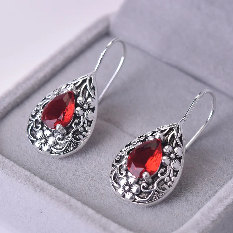 

Solid S925 Silver Ruby Diamond Earring for Women Waterdrop Pear Earrings Carved Red Topaz Gemstone Garnet Earrings