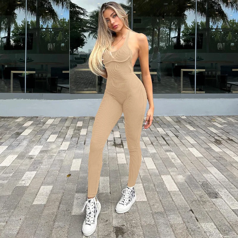 

New Arrivals Spring Casual Backless Ribbed Jumpsuit Solid Color Sleeveless Halter Bodycon Women Jumpsuit
