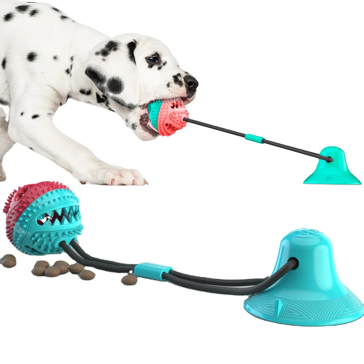 

Eco-Friendly Para Perro Indestructible Interactive Rubber Dog Treat leakage molar bite Ball Dog Pet Toys With Suction Cup Rope