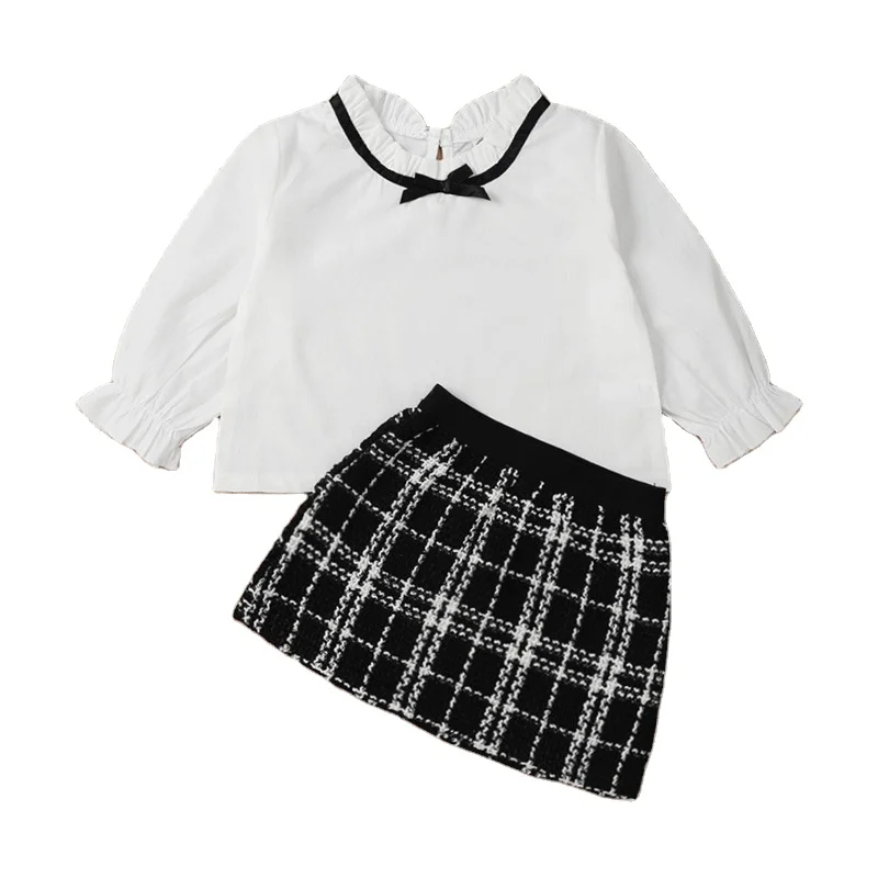 

rts 2020 Long Sleeve Autumn Baby Girl Bowknot White Long Sleeve Black Plaid Baby Skirt Set