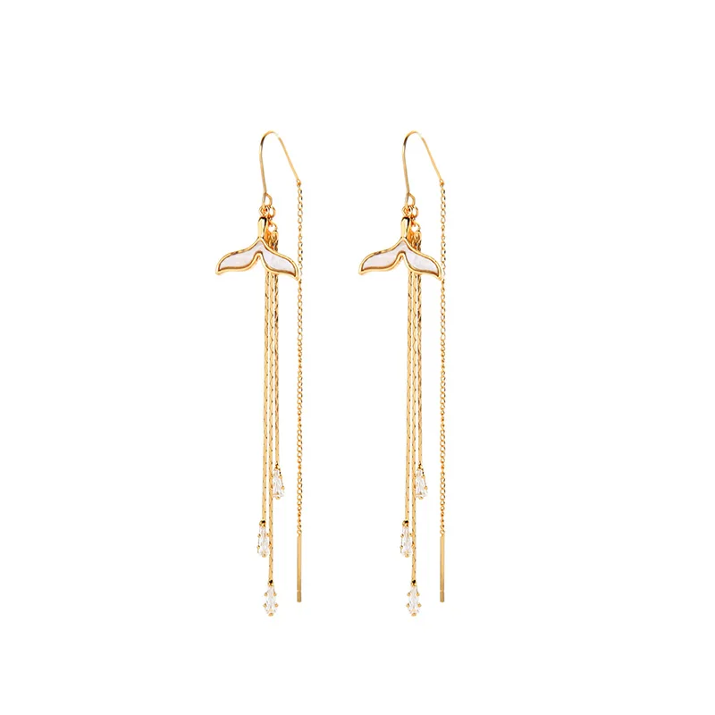 

f003 Mermaid Tail Long Chains Tassel Earrings Zircon Stone Shiny Gold Earring