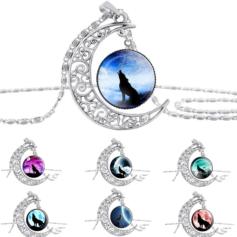 

Wolf Necklace Silver Moon Time Gemstone Glass Cabochon Pendants Necklaces