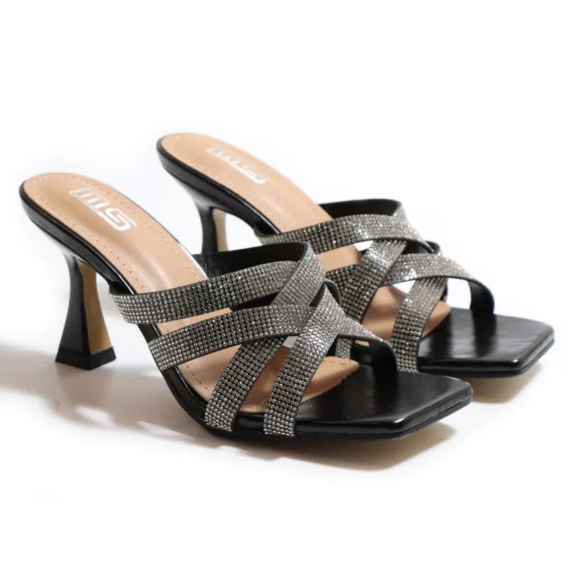 

Summer new cross rhinestone belt stiletto high heels rhinestone simple large size sandals, Black white pink