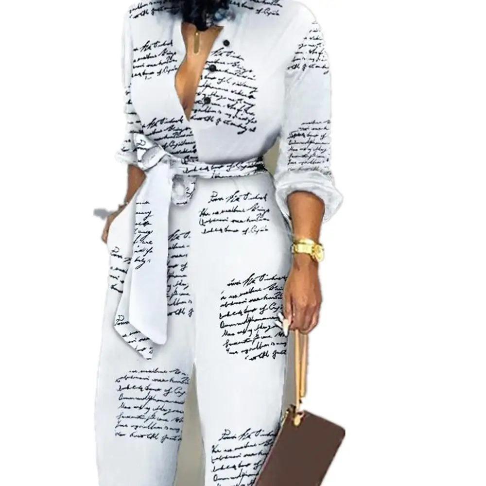 

Fashion women One piece Letter Print Casual Woven Jumpsuit Deep V Neck Long Sleeves Loose Wide Legs Jumpsuit Overalls For Women