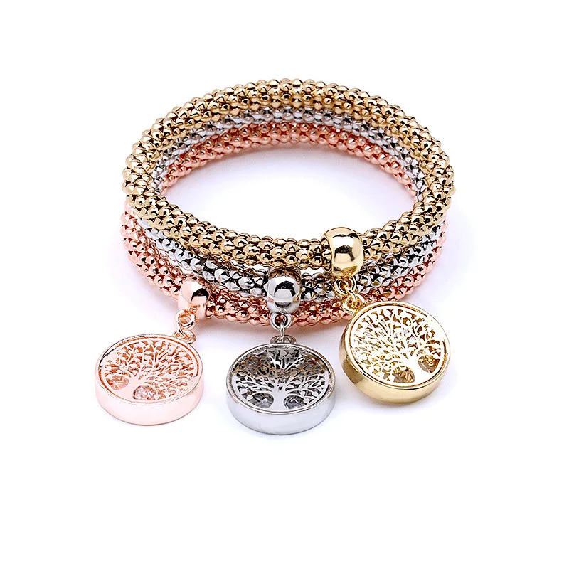 

Fashion Tricolor Stretch Tree of Life Charm Corn Chain Bracelet For Women Girls