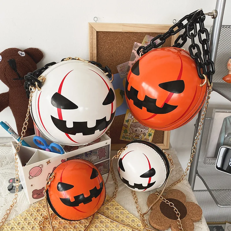 

Fun Halloween Pumpkin Round Small Chain Crossbody Bags Basketball Mini Handbags