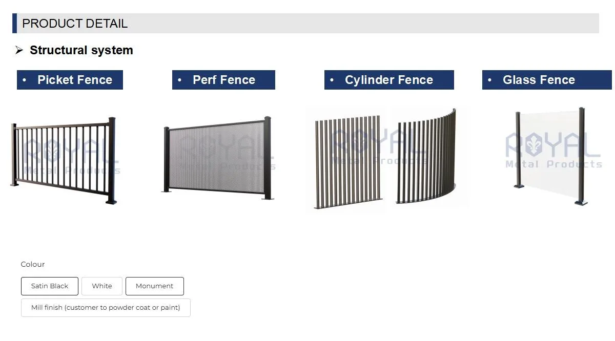 Royal Metal Pool Fence Systems overview — Picket, Perf, Cylinder, and Glass fence styles with Satin Black, White, Monument, and Mill Finish color options