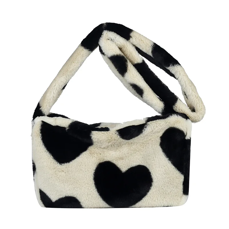 

Women Winter Plush Bag Heart Print Cute Furry Warm Shoulder Bag Lady Fuzzy Shoulder tote Women Fur underarm Bags, 4 colors