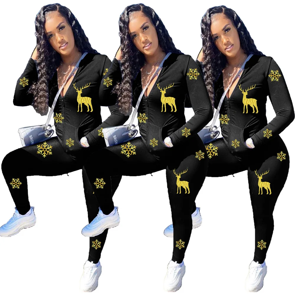 

Christmas Printed Casual Two Pieces Hoodie Set Womens Long Sleeve Top Pants Set -PT
