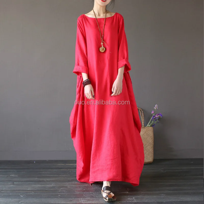 Womens Linen Loose Large Size Long Dresses Plus Size Long Sleeve Maxi Dress JHKUNO 