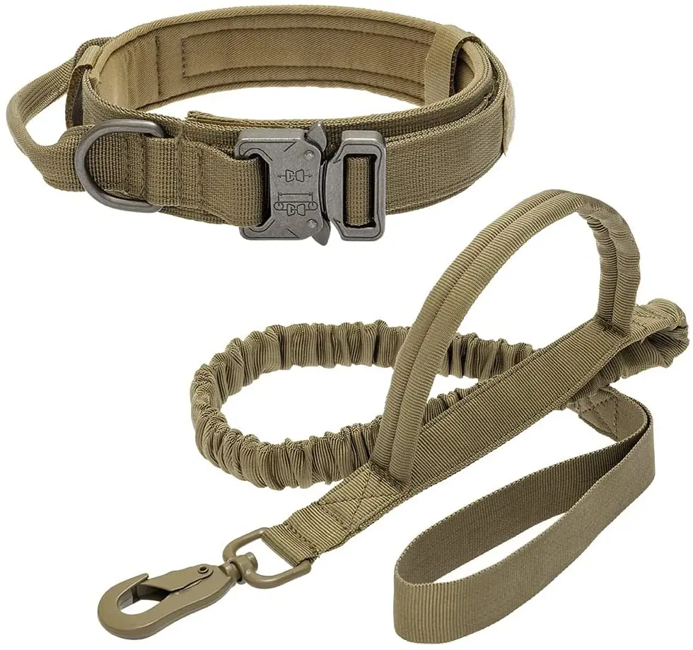 

Heavy Duty Military Double Handle Bungee Outdoor Walking Training Tactical Large Dog Collar and Leash Set with Metal Buckle, Colors