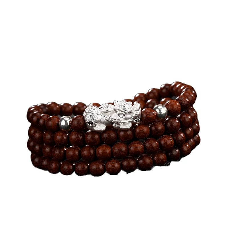 

Handmade 108 Beads Red Sandalwood 925 Silver Pixiu Bracelet For Men And Women
