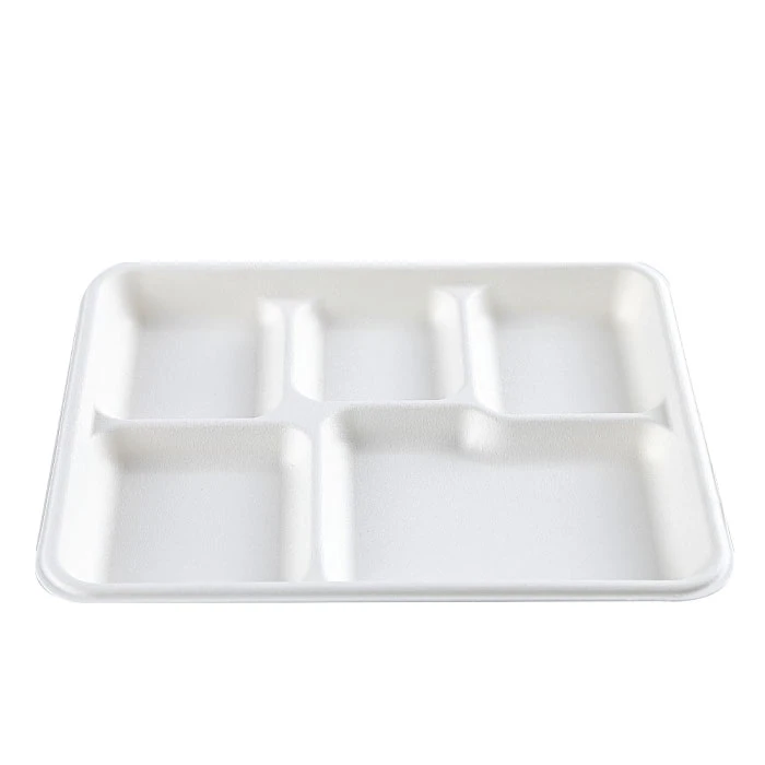 

Biodegradable Sugarcane Bagasse School Lunch Tray 5 Compartments Tray, White