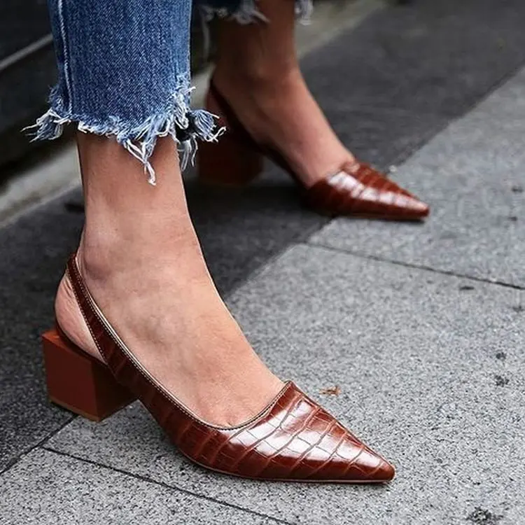 Office lady single shoes crocodile embossed chunky heel slip on women pumps pointy toe medium heels summer female sandals
