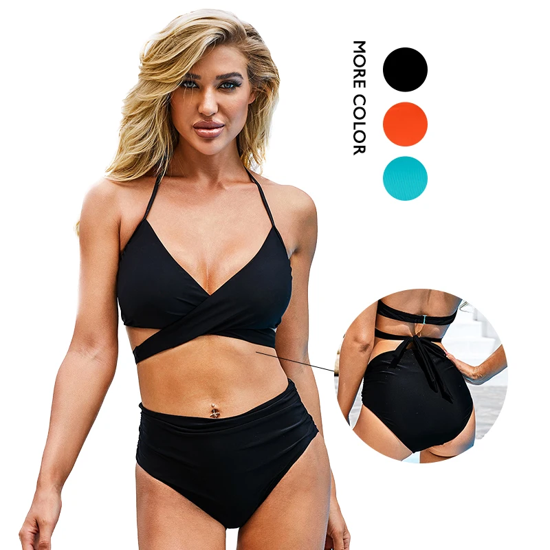 

New Arrive Swimming Suit Crisscross Ruched High Waist Womens Bikini Swimsuits