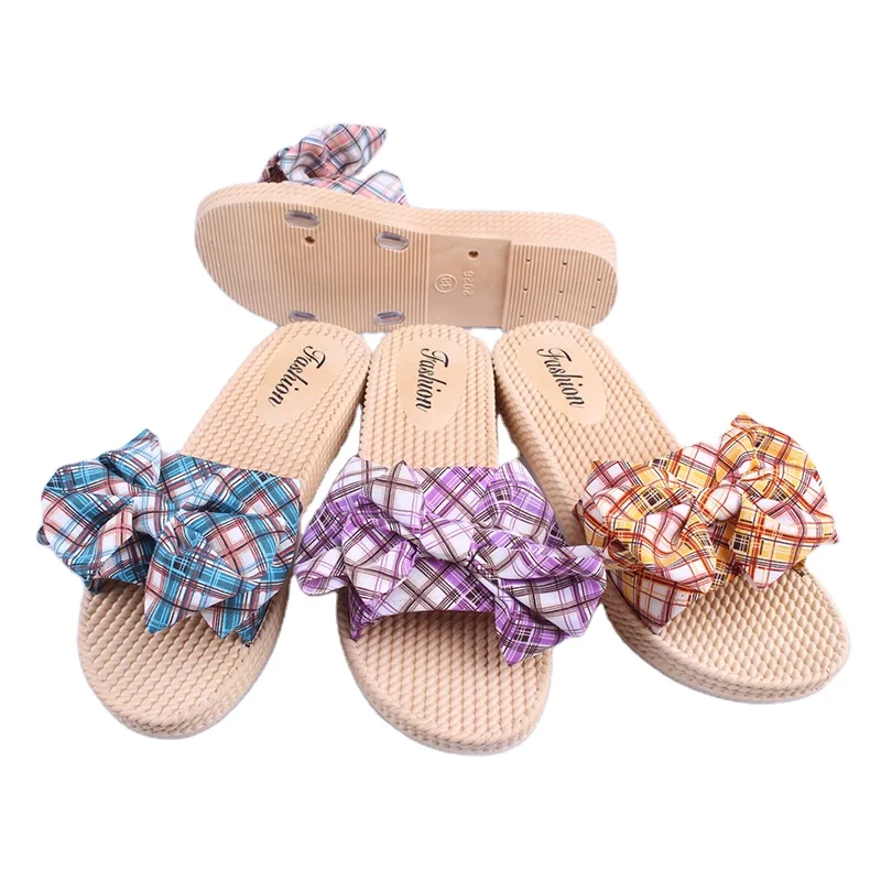 

Manufacturers selling massage bottom lattice bowknot cloth flower ladies slippers