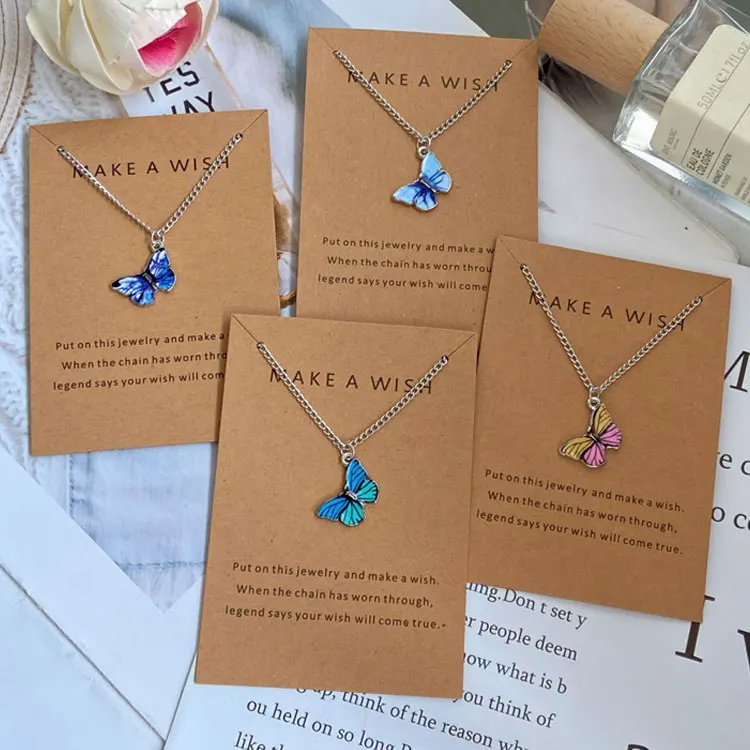 SC Hot Selling Make a Wish Card Necklace Gift Fashion Jewelry Necklaces Boho Colorful Oblique Hanging Butterfly Necklace Women