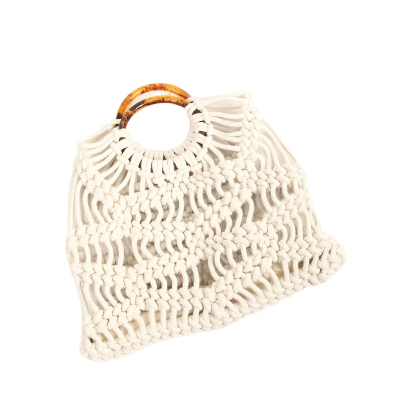 

OEM summer beach clutch handbag cotton weave hollow out women bags with round handle, Customized color