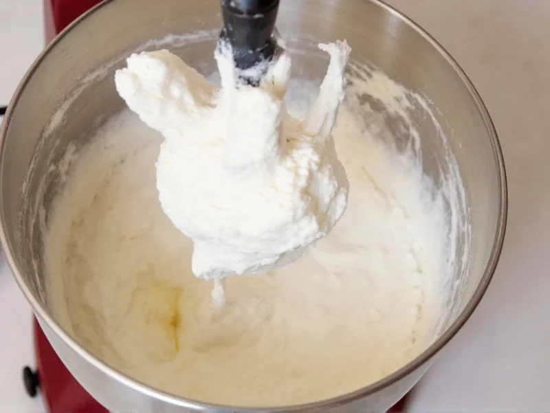 Whipped cream being folded into ice cream base in metal bowl
