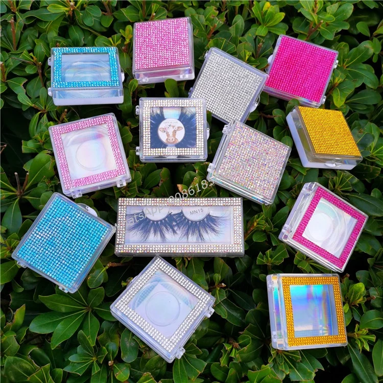 

Customs Rhinestone Lash Cases Bling diamond lashbox packaging for 3D mink Lashes 25mm eyelashes with rhinestone packaging box, Black color